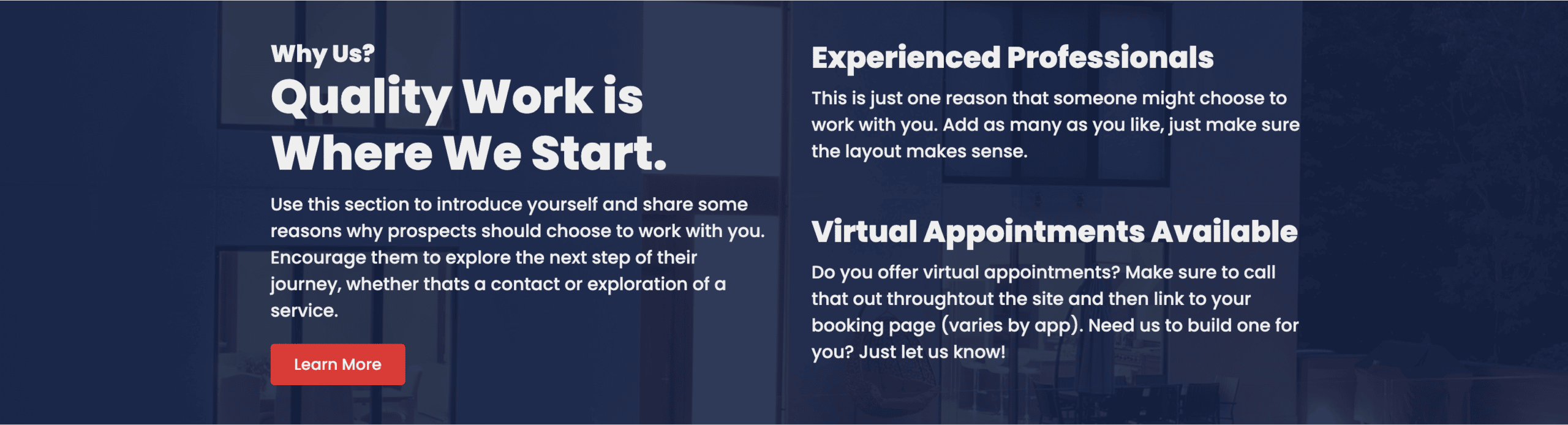 Layout featuring a left column of text and a right column of text on a website component, with a call to action button at the bottom